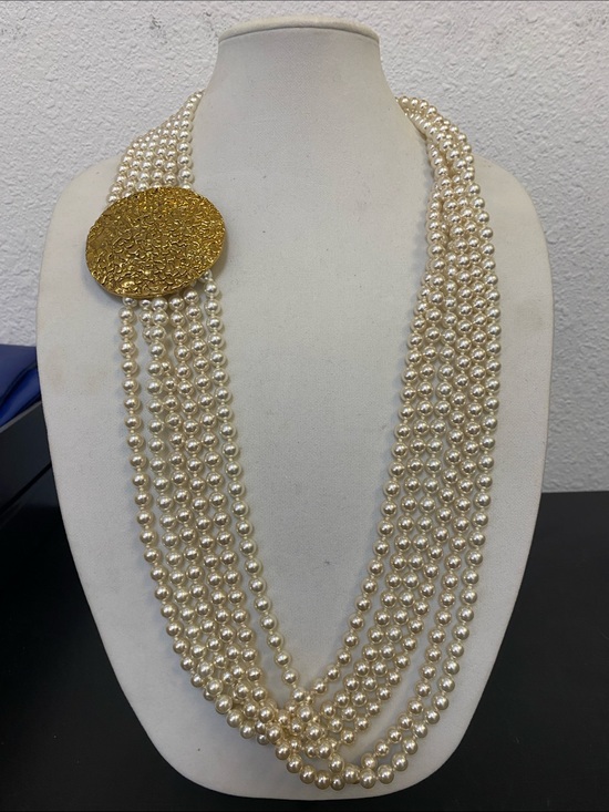 Vintage Jewelry - Multi-Strand Pearl Necklace with Gold Medallion 36” long